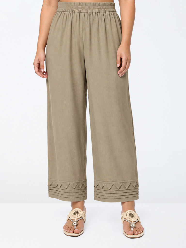 Diza Khaki Pintuck-Detail Cotton-Blend Pants