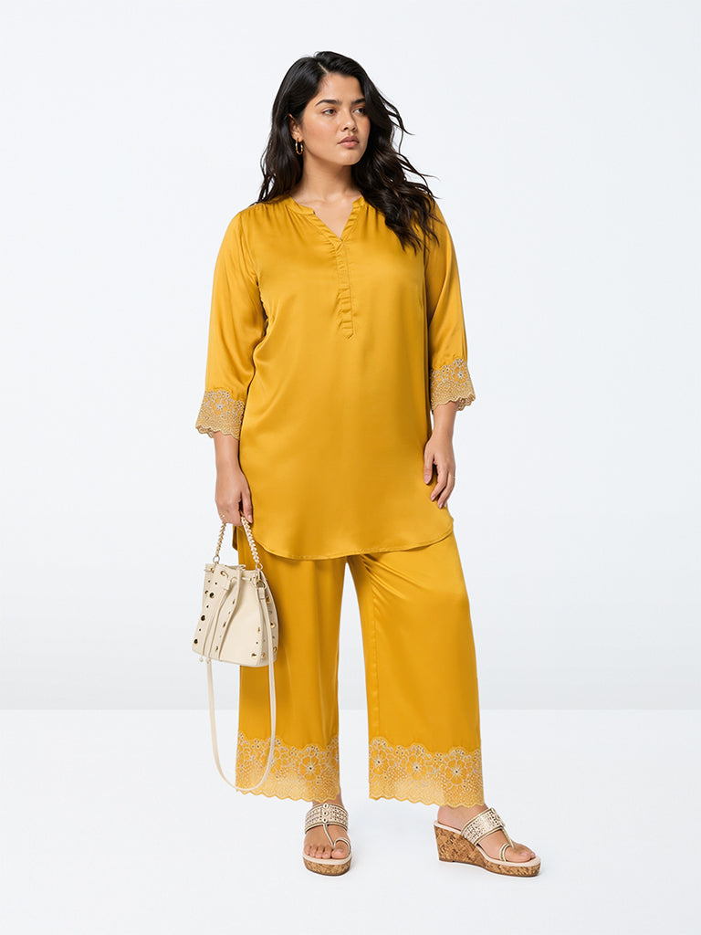 Diza Mustard Floral Lace-Detail Pants