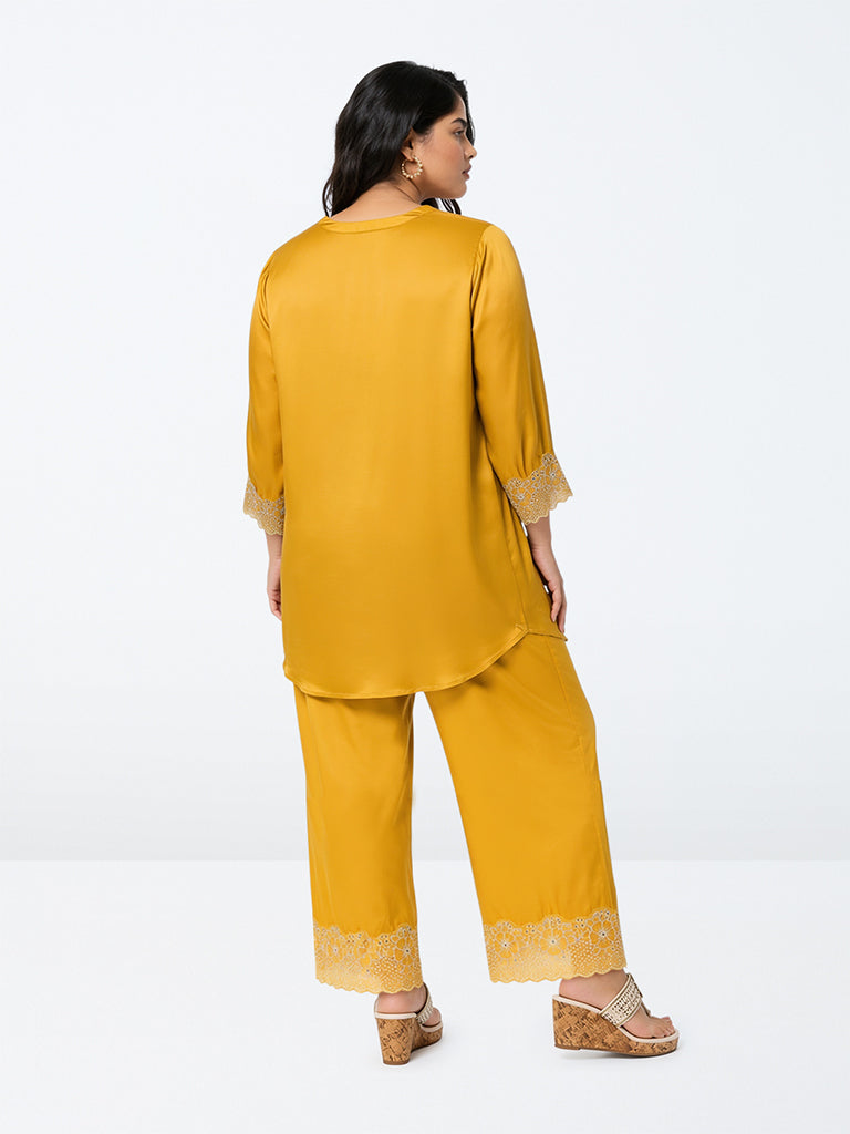Diza Mustard Floral Lace-Detail Pants