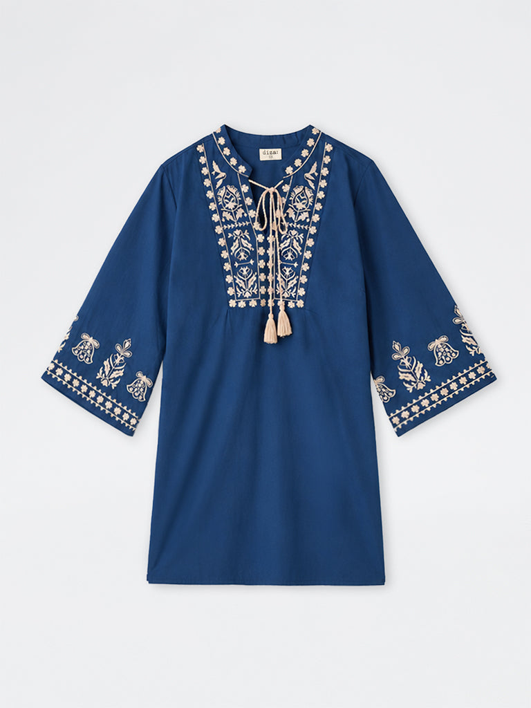 Diza Indigo Floral Embroidered Cotton Tunic