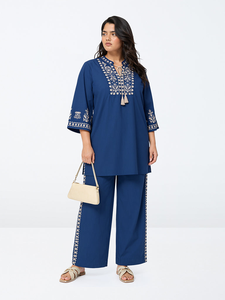 Diza Indigo Floral Embroidered Cotton Tunic