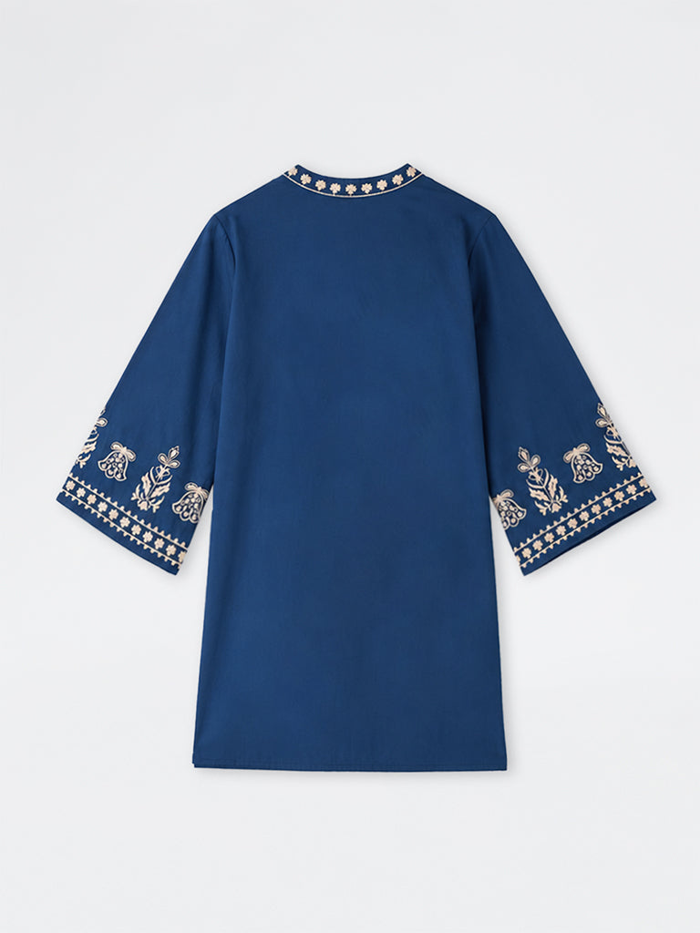 Diza Indigo Floral Embroidered Cotton Tunic