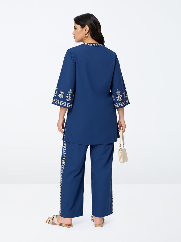 Diza Indigo Floral Embroidered Cotton Tunic
