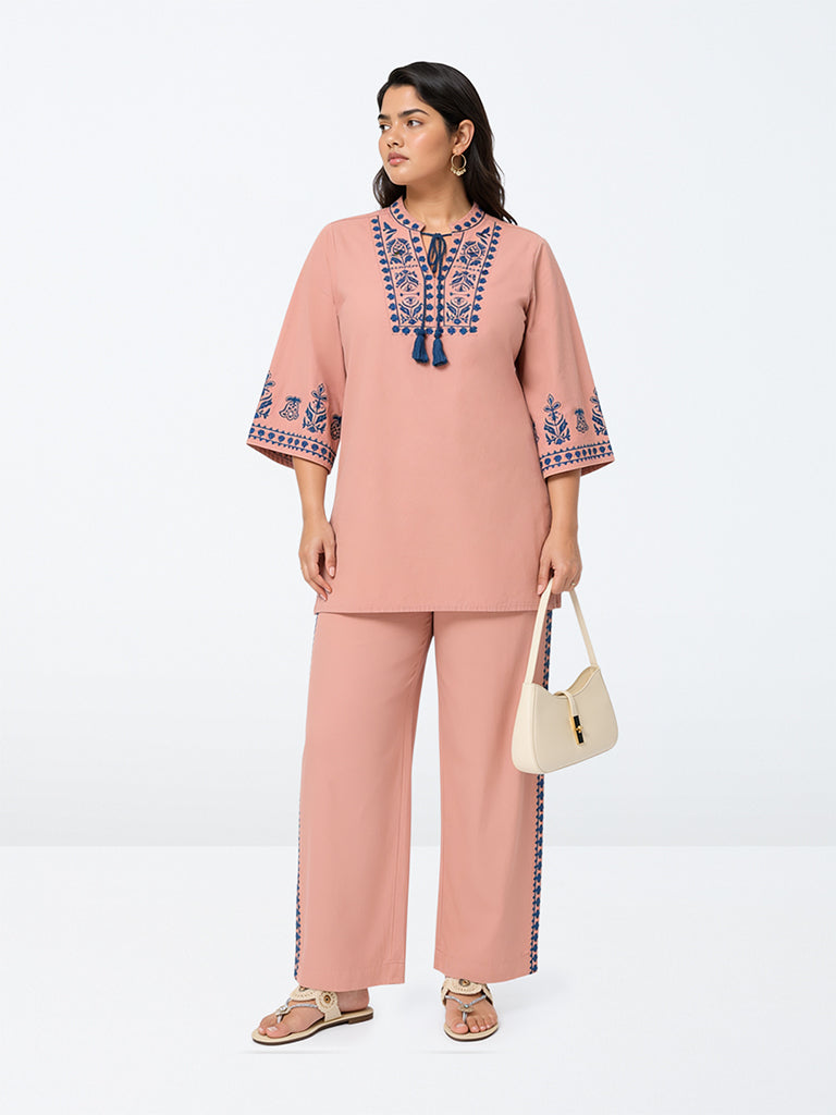 Diza Dusty Pink Floral Embroidered Cotton Tunic