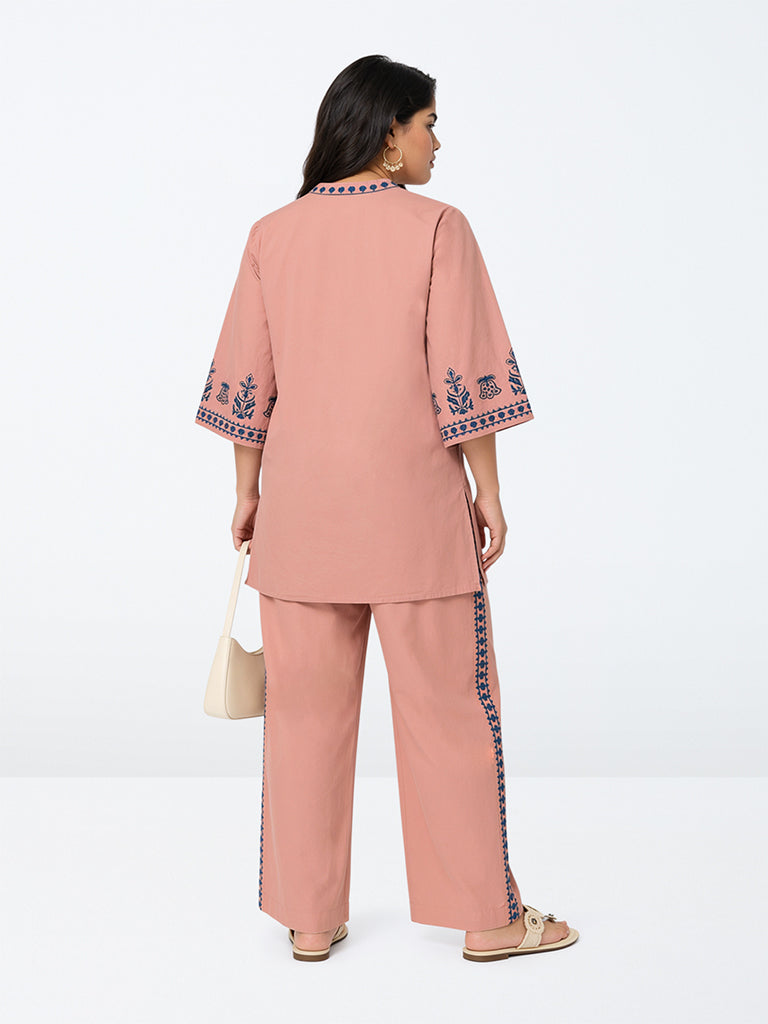 Diza Dusty Pink Floral Embroidered Cotton Tunic