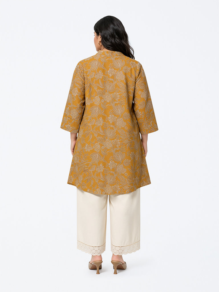 Diza Mustard Floral Printed Asymmetrical Kurta