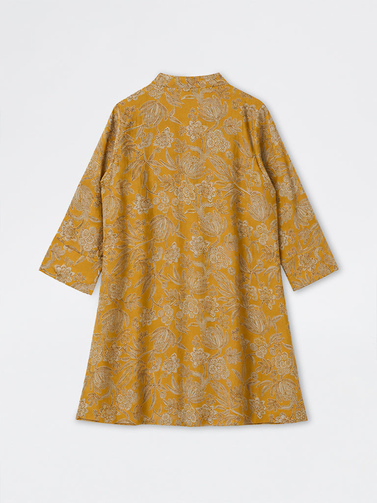 Diza Mustard Floral Printed Asymmetrical Kurta