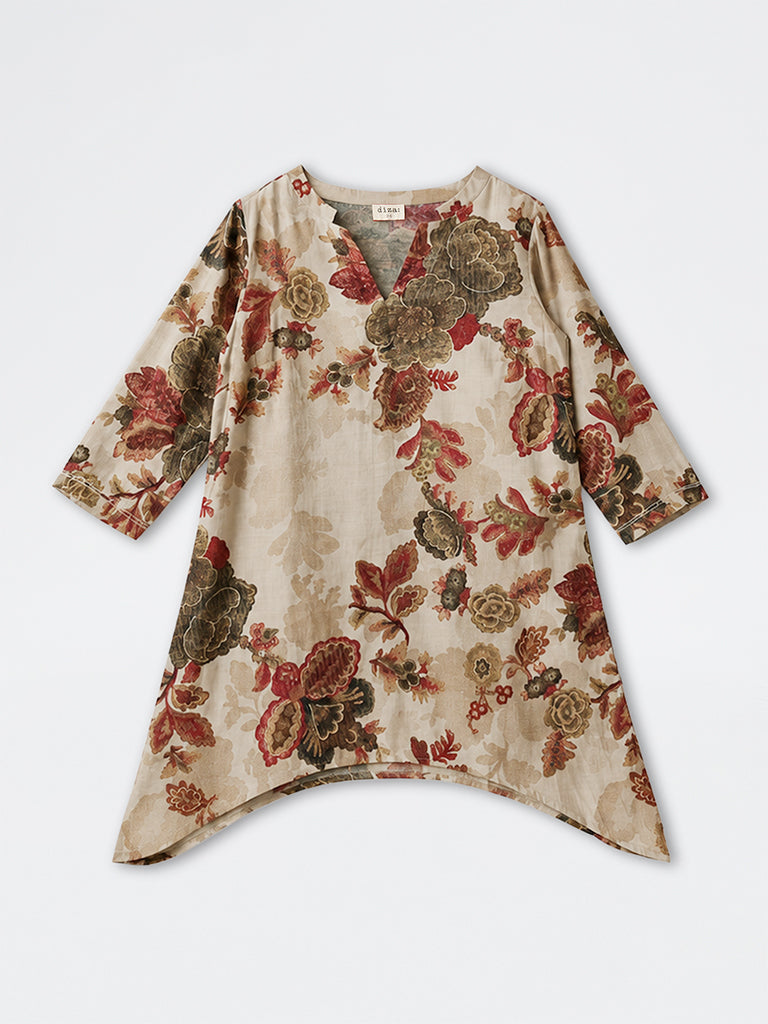 Diza Grey Floral Printed A-Line Kurta