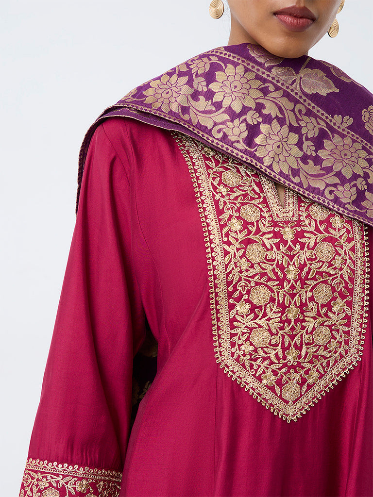 Vark Magenta Floral Embroidered Flared Ethnic Set
