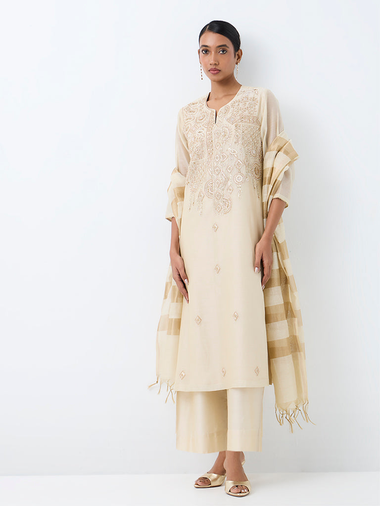 Vark Beige Embellished A-Line Ethnic Set