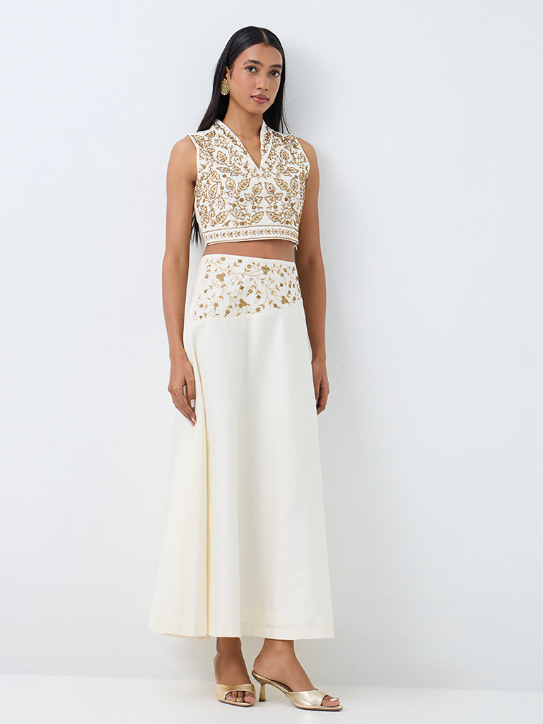 Vark Off-White Botanical Embellished Crop Top