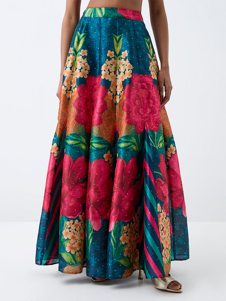 Vark Teal Floral Printed Flared Maxi Skirt