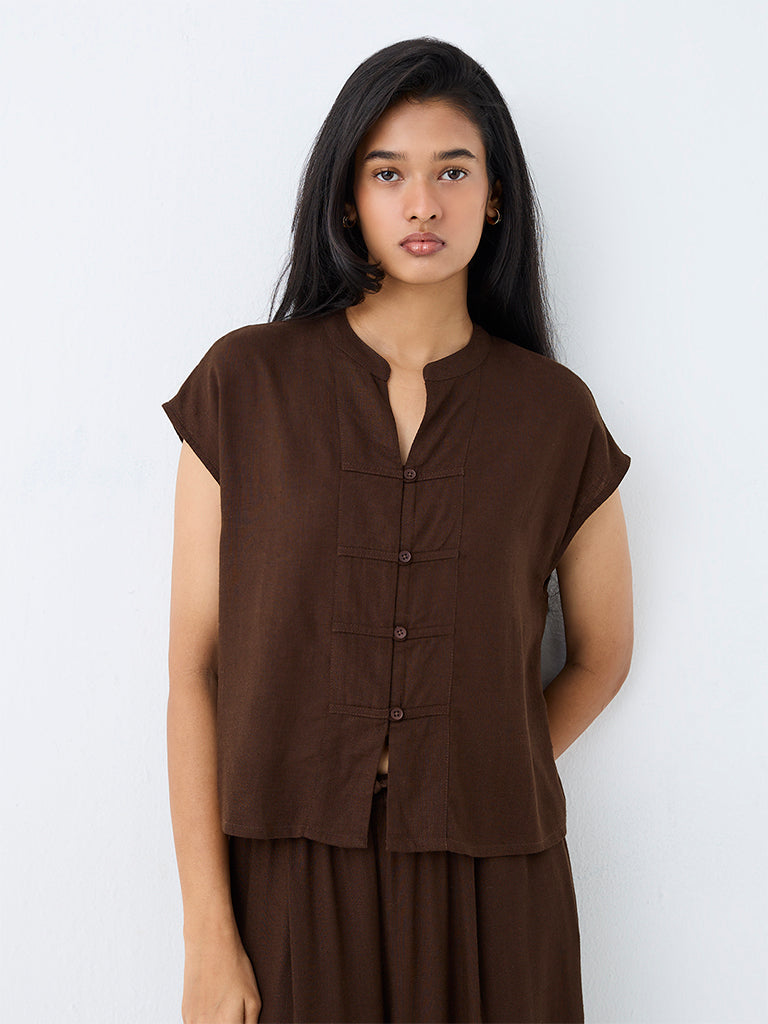 LOV Brown Solid  Imitation Frog Fastening Blouse