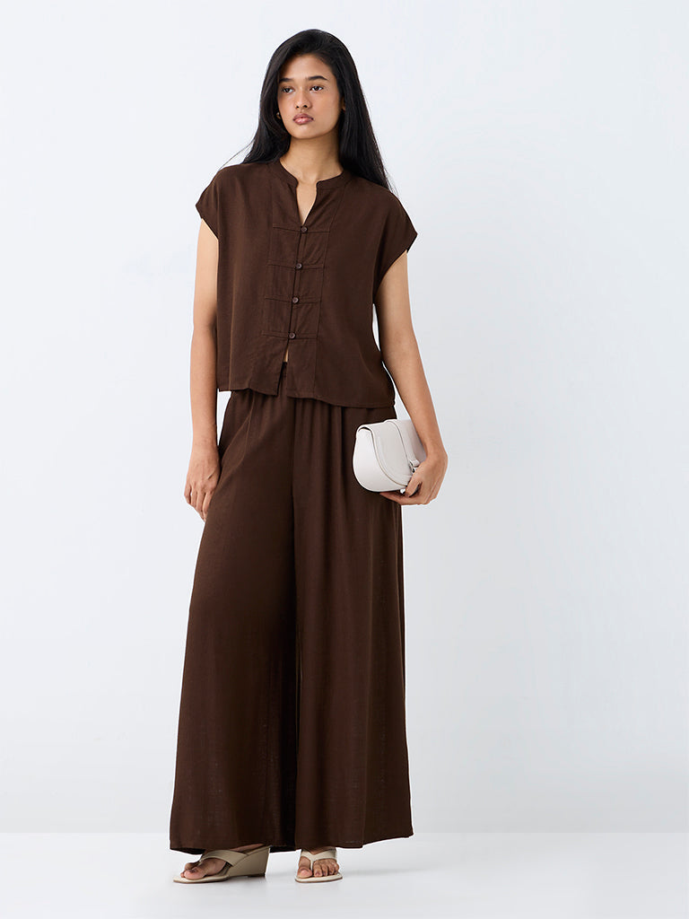 LOV Brown Solid  Imitation Frog Fastening Blouse