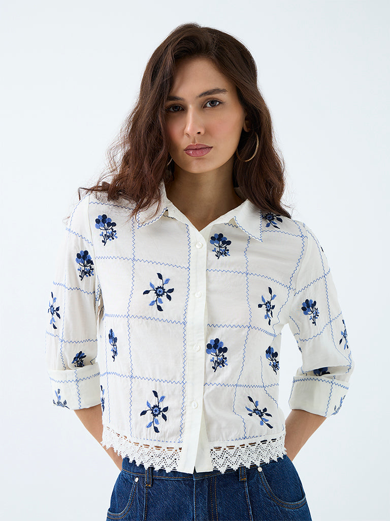 LOV White Floral Embroidered Lace-Detail Blouse
