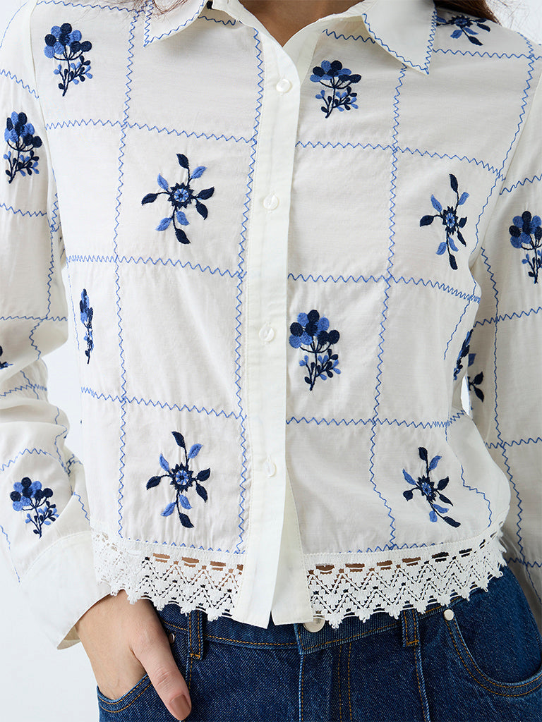 LOV White Floral Embroidered Lace-Detail Blouse