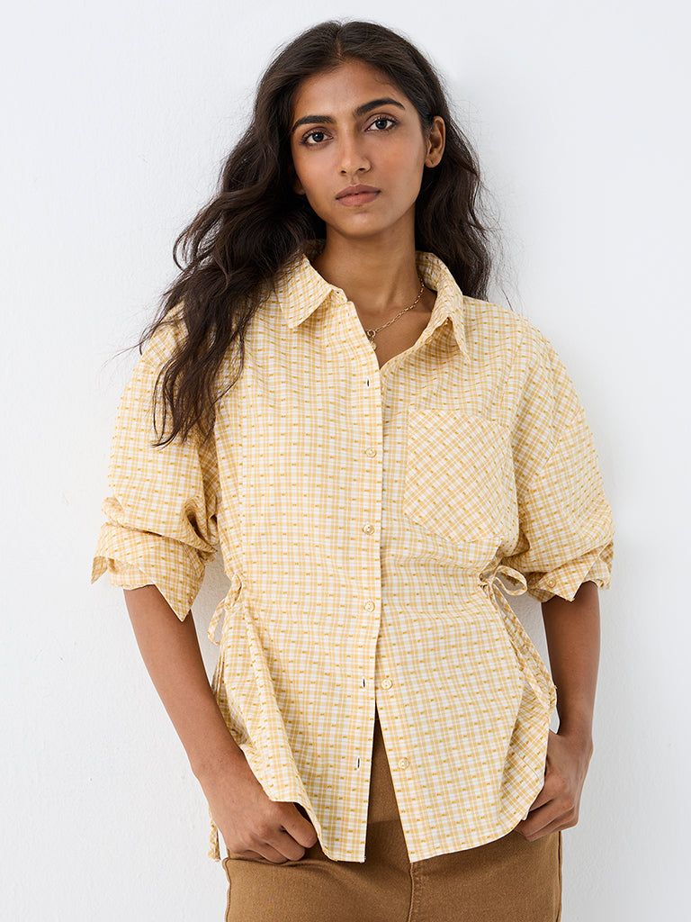 LOV Yellow Checkered Tie-Up Detail Cotton Blouse