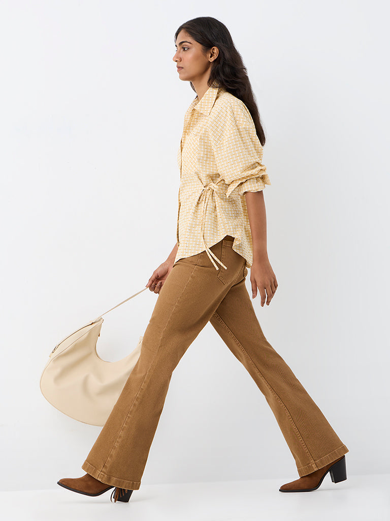 LOV Yellow Checkered Tie-Up Detail Cotton Blouse