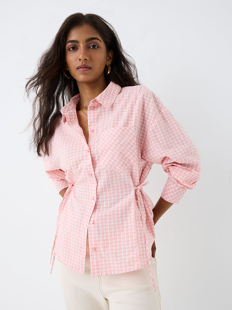 LOV Pink Checkered Tie-Up Detail Cotton Shirt