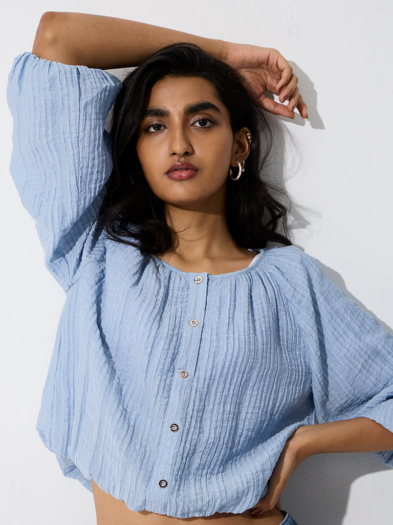 LOV Light Blue Textured Blouse
