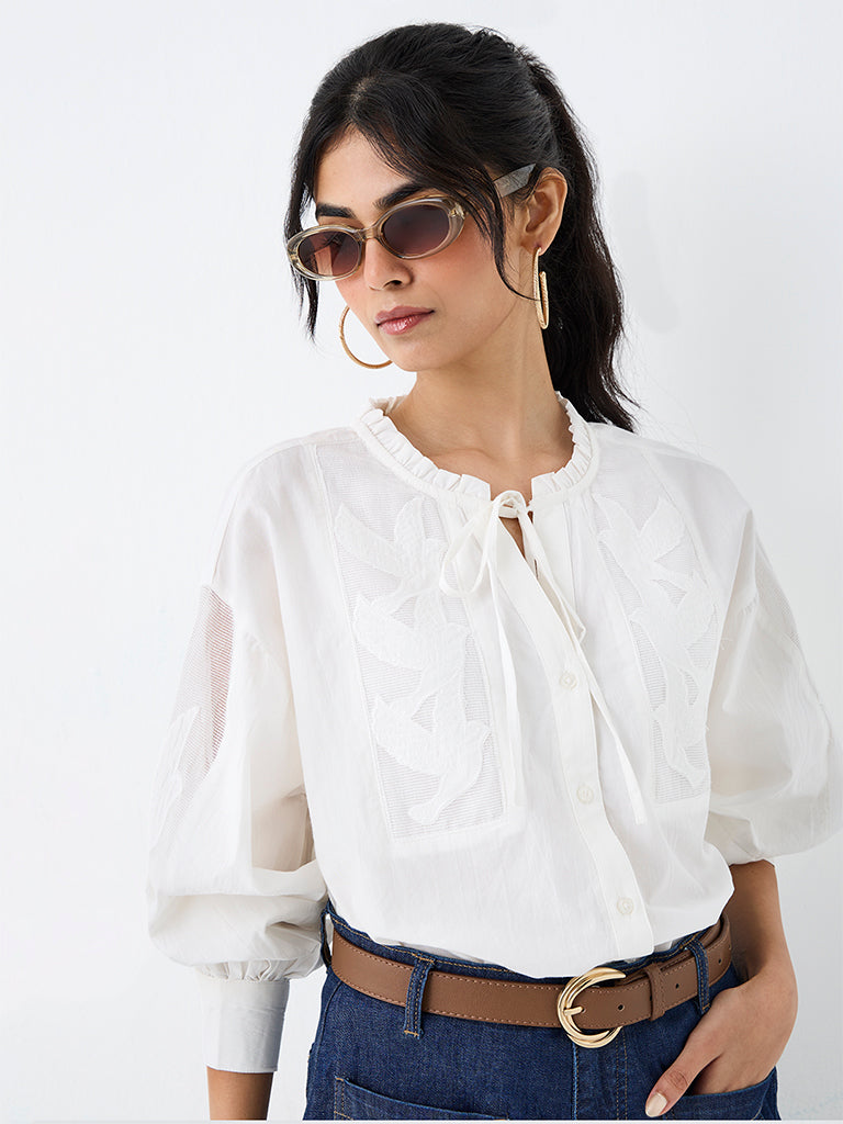 LOV Off-White Bird-Embroidered Cotton Blouse