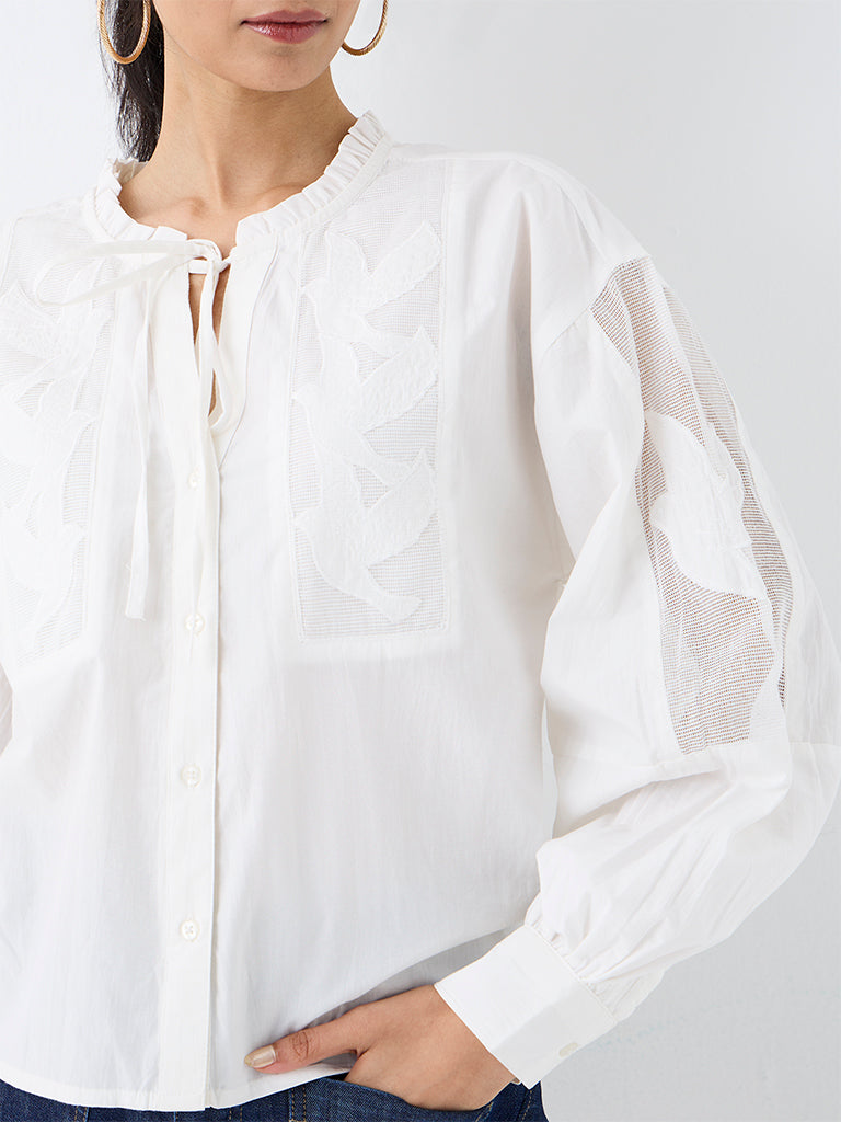 LOV Off-White Bird-Embroidered Cotton Blouse