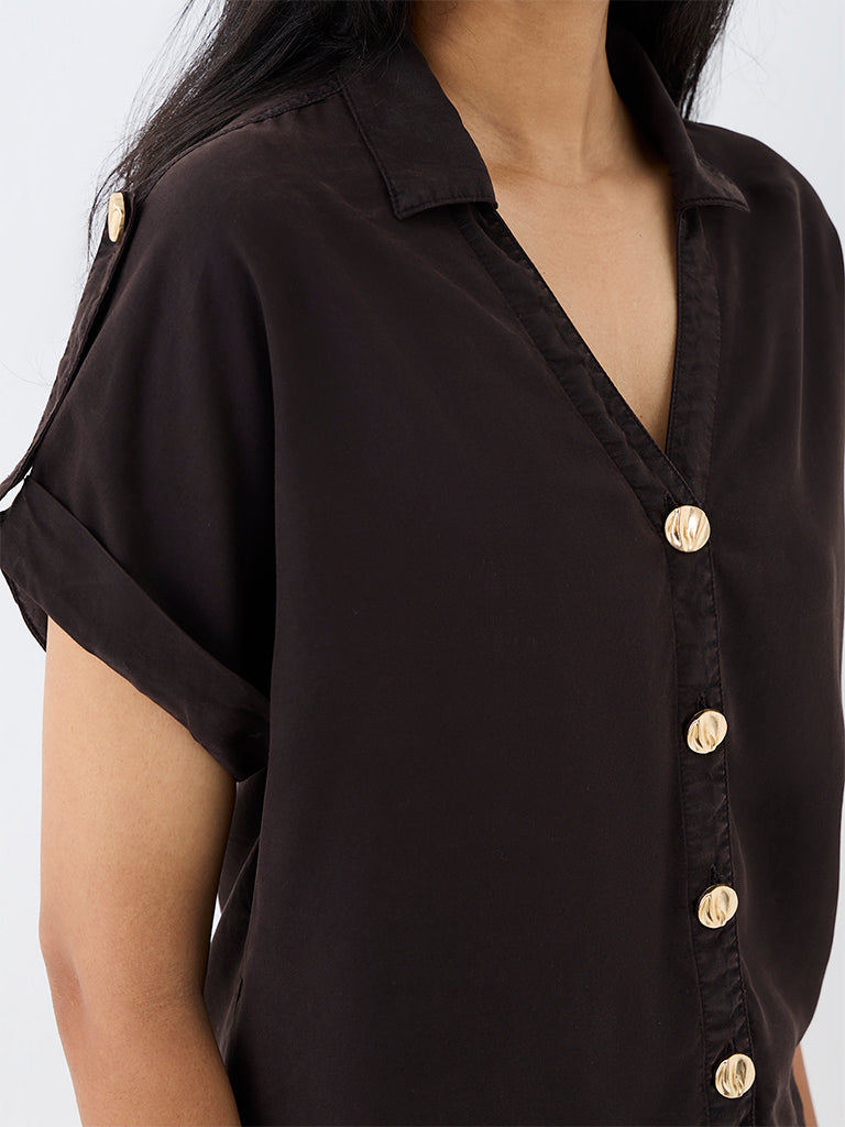 LOV Dark Brown Solid Denim Blouse