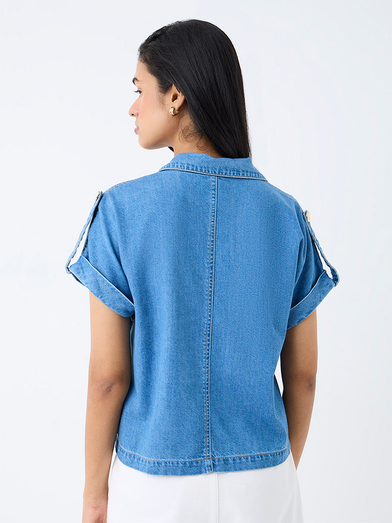 LOV Blue Solid Denim Blouse