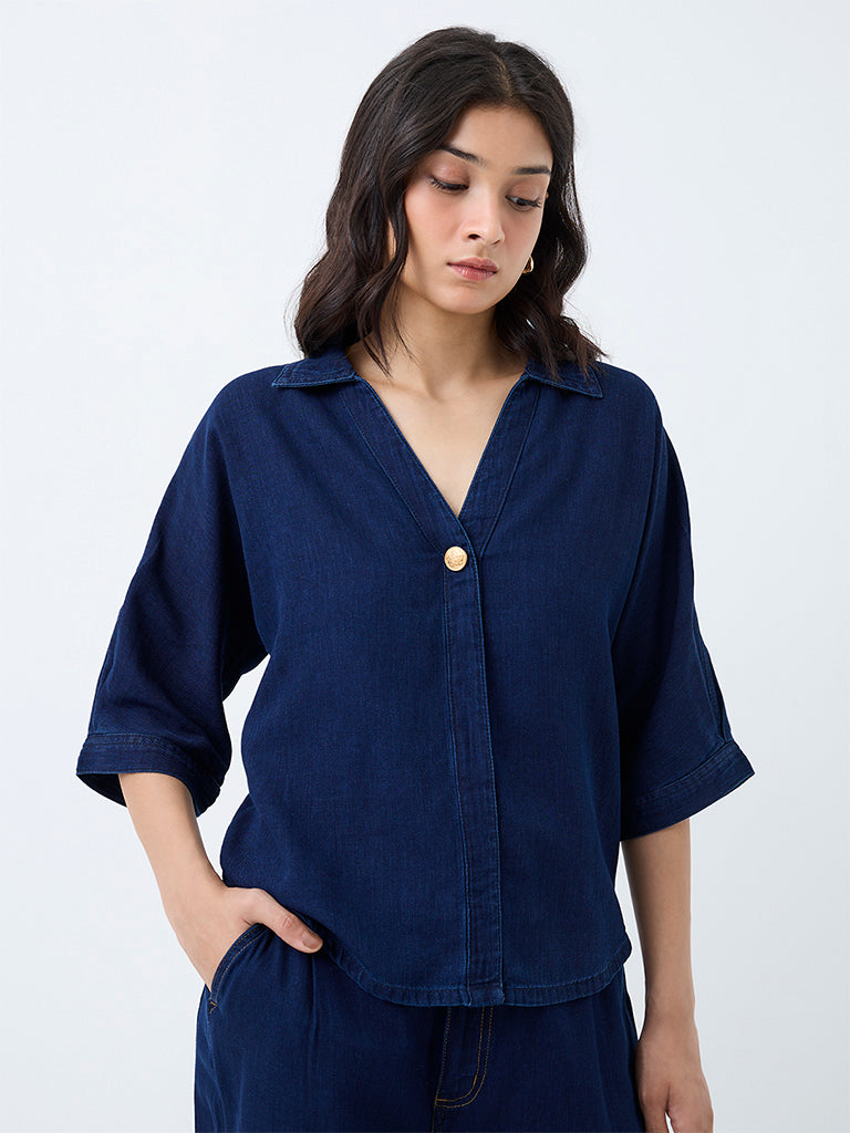 LOV Dark Blue Cotton Blouse