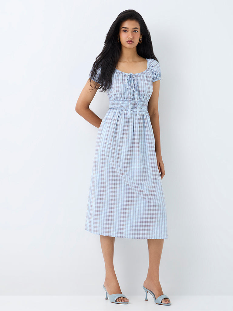 LOV Light Blue Checkered Cotton Fit-and-Flare Cotton Midi Dress