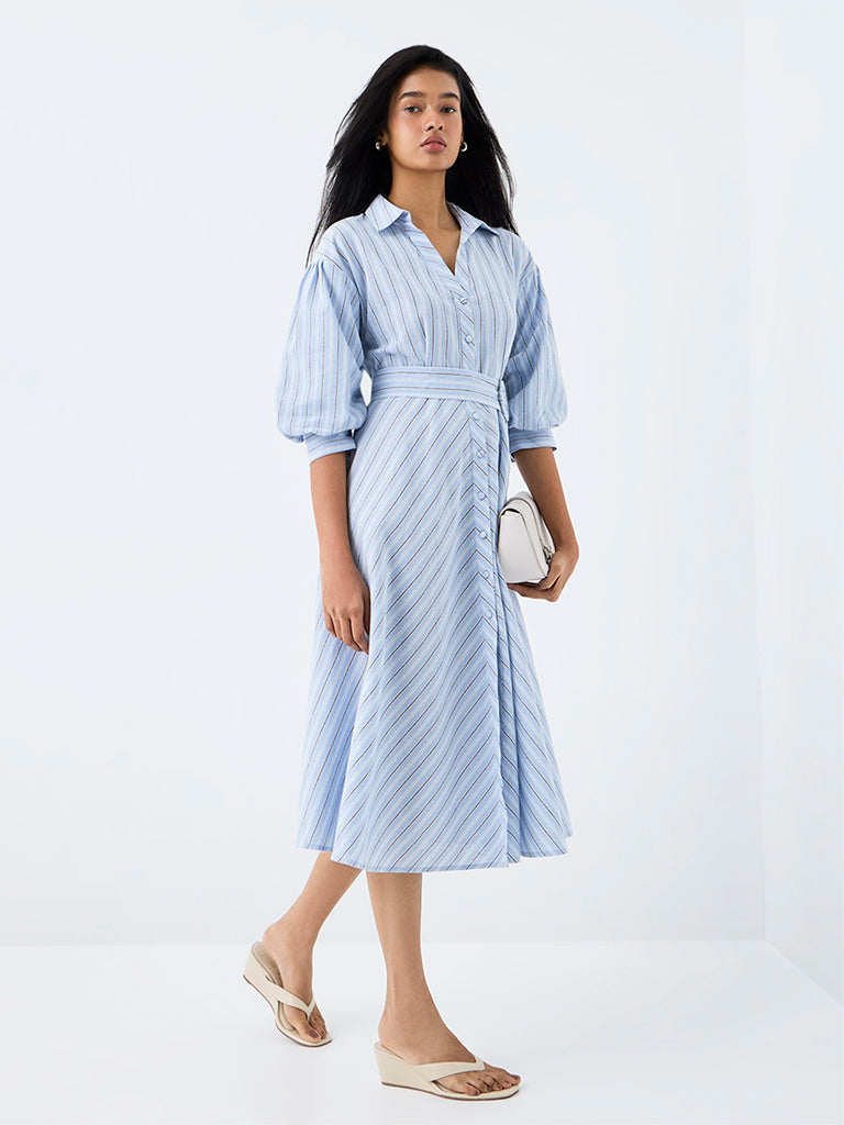 LOV Blue Striped Midi Shirt Dress with Belt