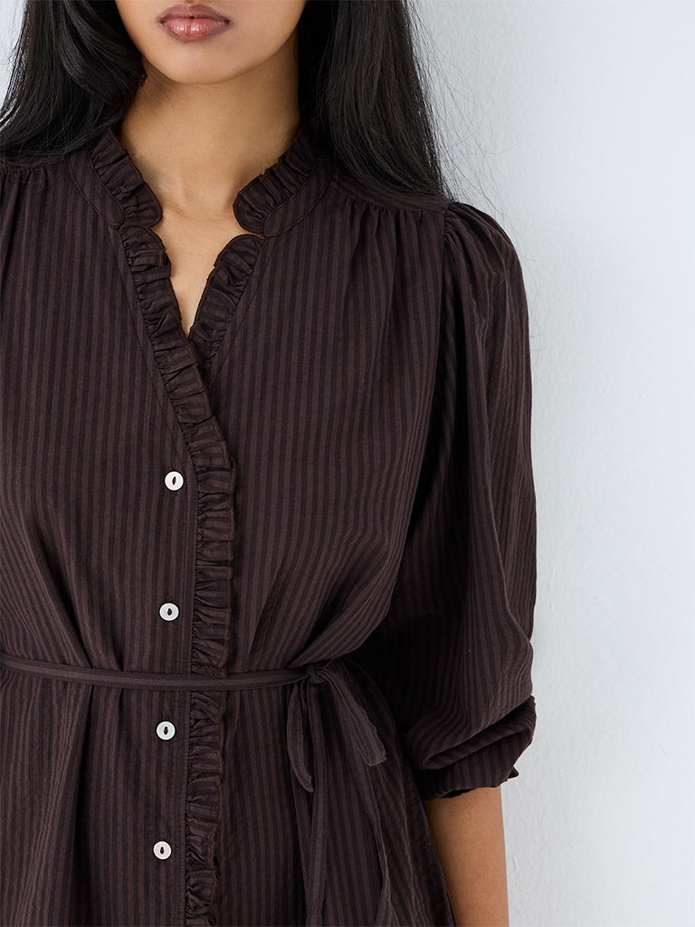LOV Dark Brown Striped Cotton-Blend Mini Dress with Belt