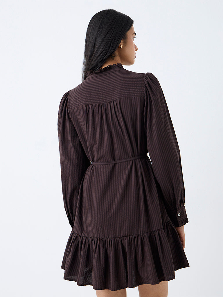 LOV Dark Brown Striped Cotton-Blend Mini Dress with Belt