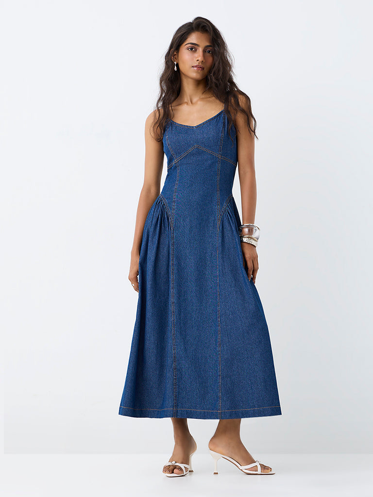 LOV Dark Blue Denim Fit-and-Flare Midi Dress