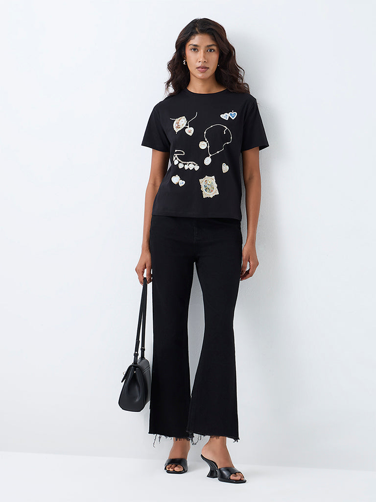 LOV Black Jewellery Printed Cotton T-Shirt