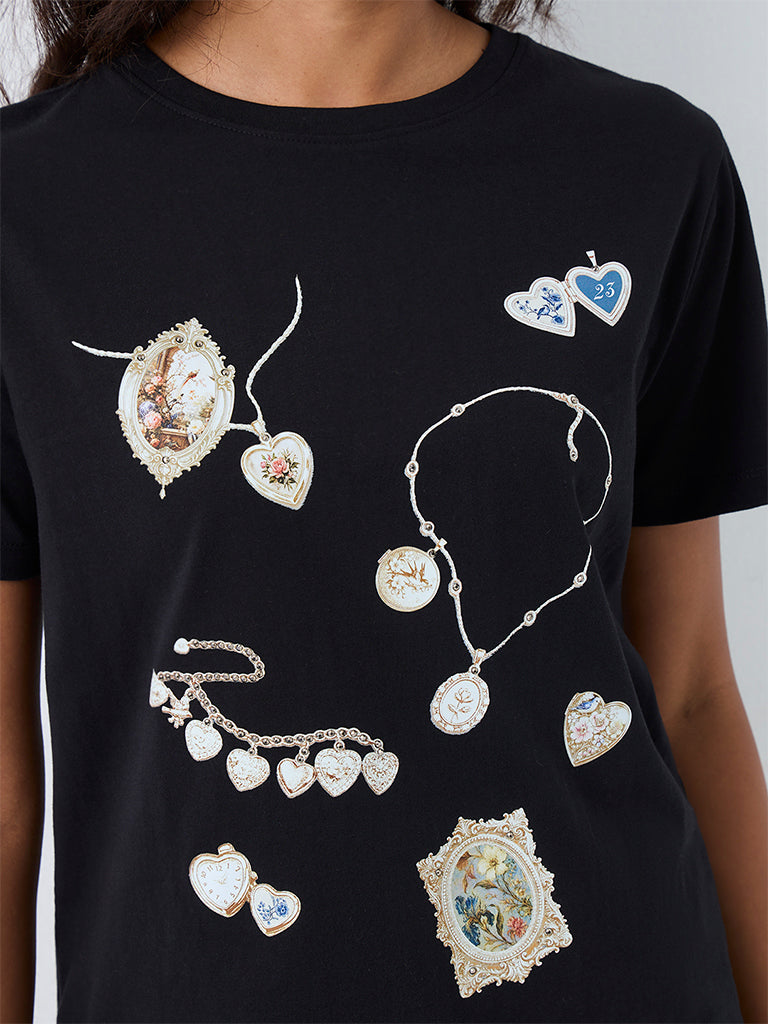 LOV Black Jewellery Printed Cotton T-Shirt