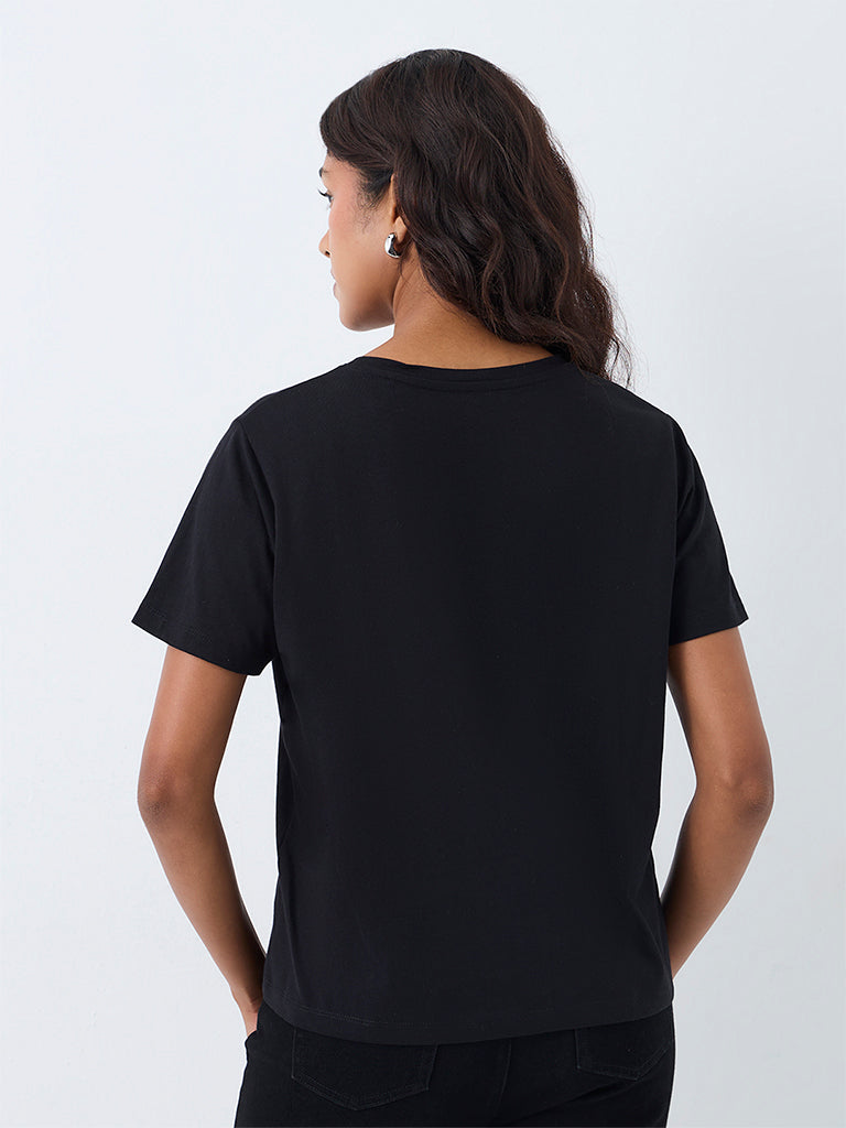 LOV Black Jewellery Printed Cotton T-Shirt
