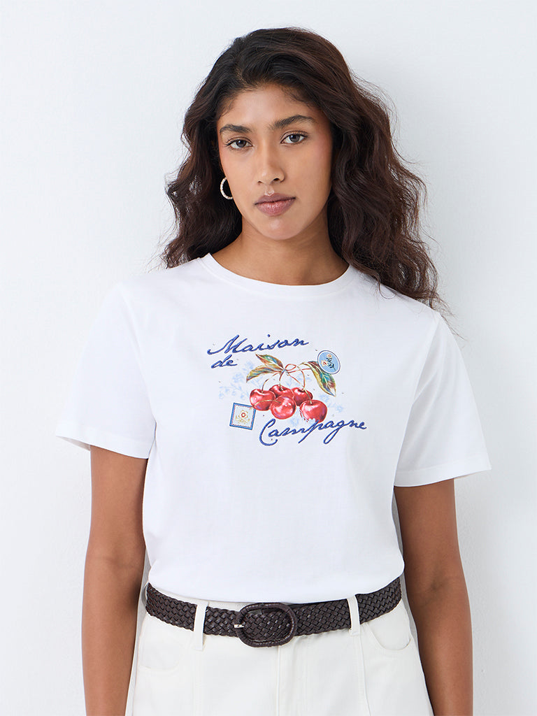 LOV White Graphic Printed Cotton T-Shirt