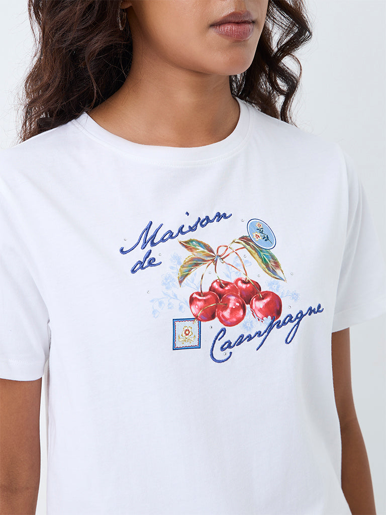 LOV White Graphic Printed Cotton T-Shirt
