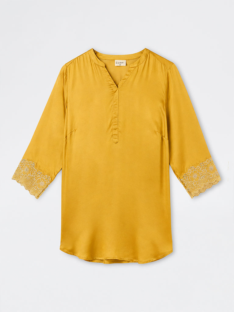 Diza Mustard Floral Lace-Detail Tunic
