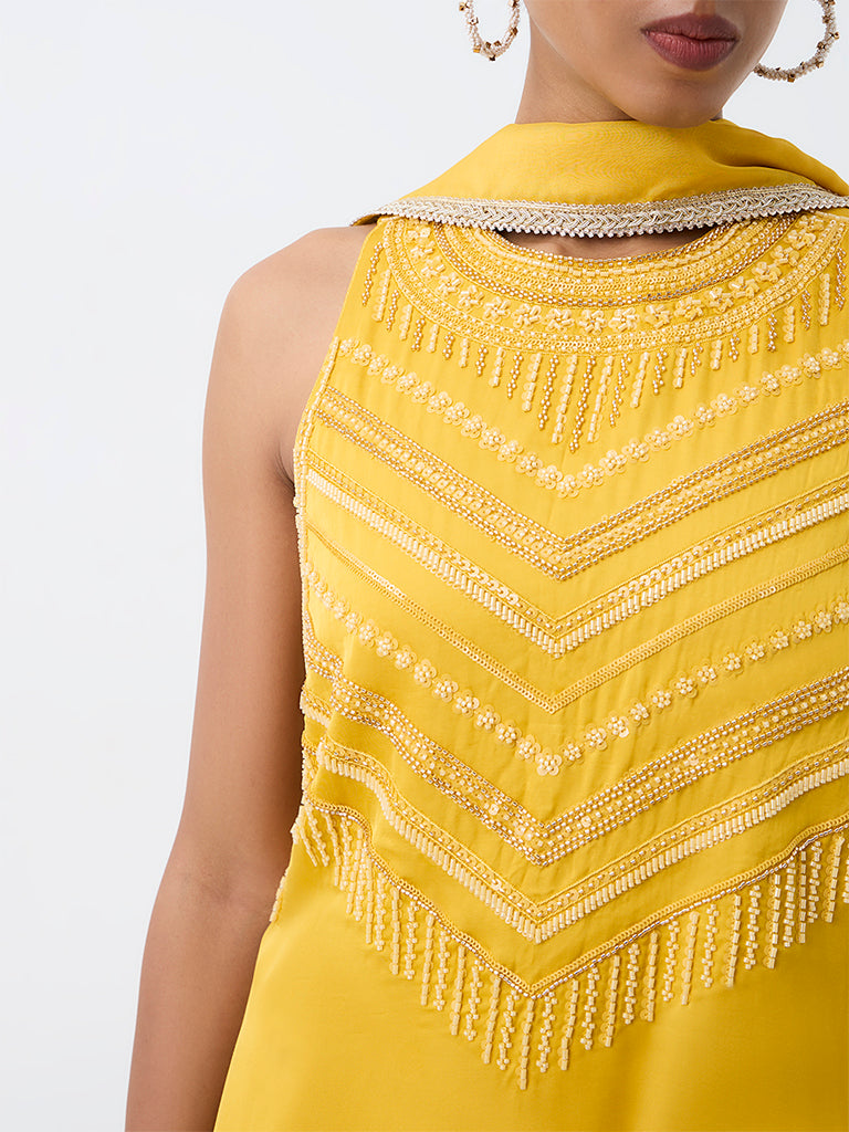 Vark Yellow Chevron Embellished Straight Ethnic Set