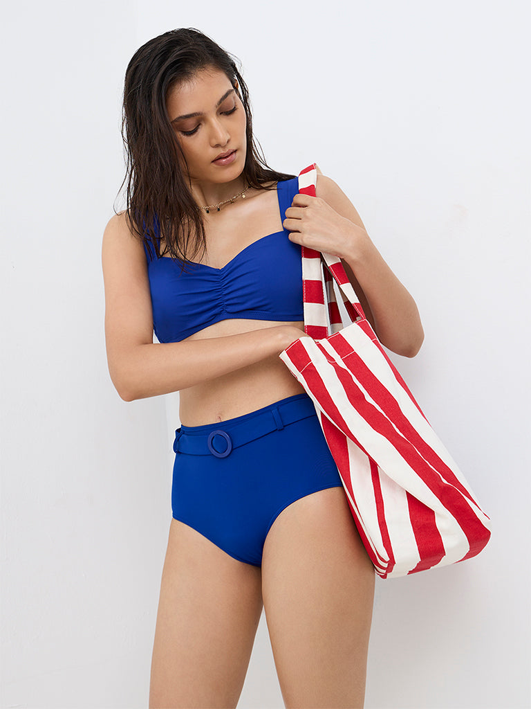 Wunderlove Swimwear Blue Belt-Detail High-Waist Briefs