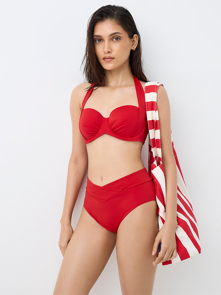 Wunderlove Swimwear Red Criss-Cross High-Waist Briefs