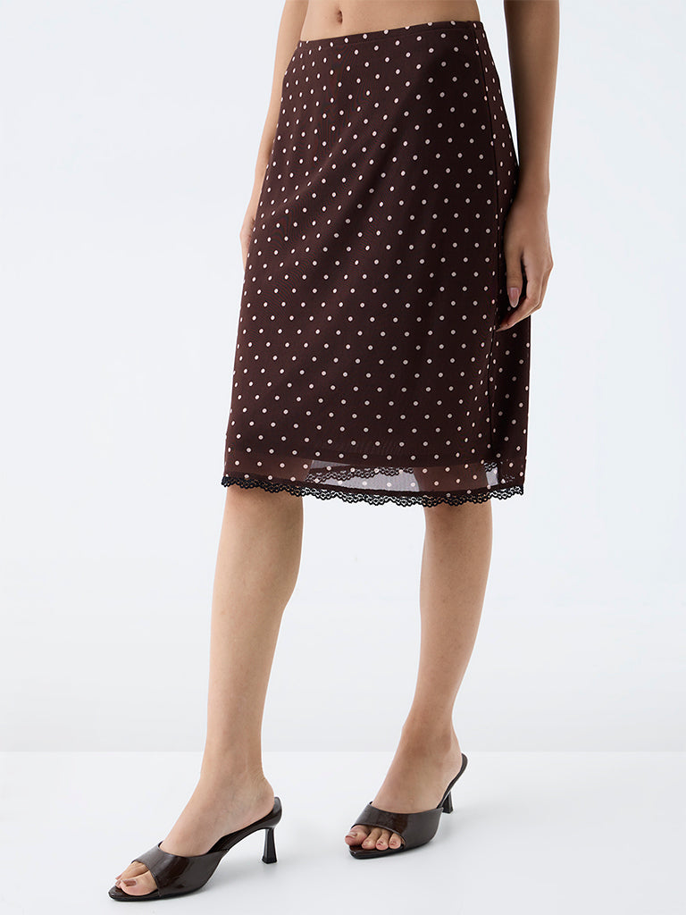 Nuon Dark Brown Polka Dotted High-Rise Skirt