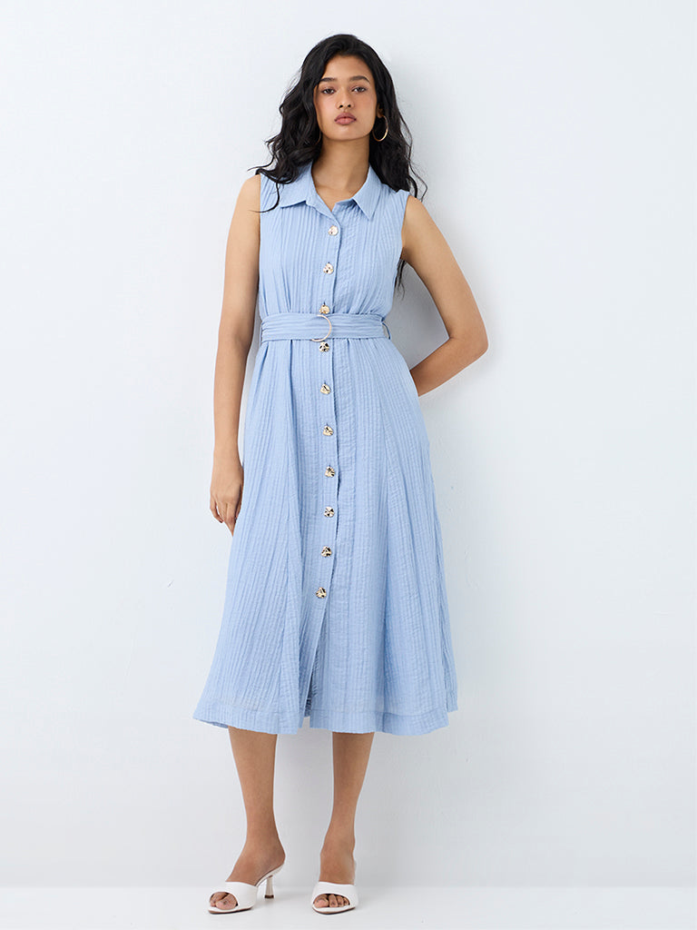 LOV Light Blue Self-Striped Shirt Dress with Belt