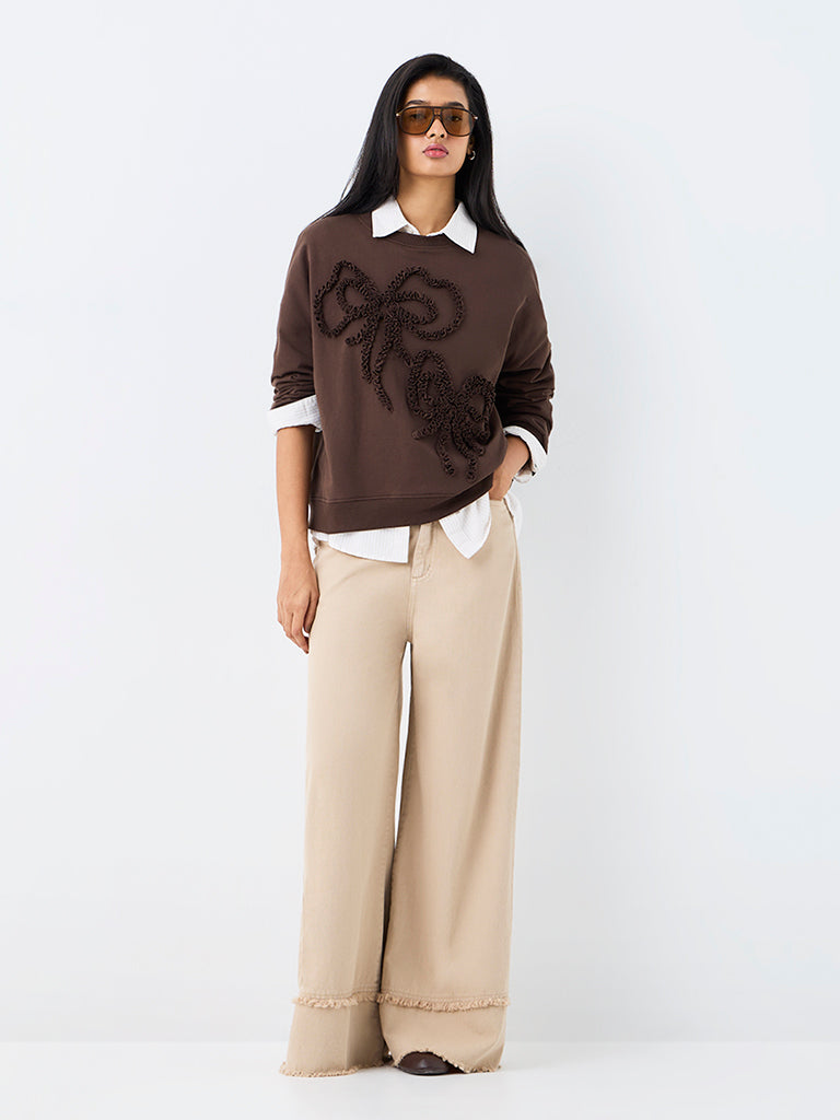 LOV Dark Brown Bow Detailed Cotton Sweatshirt