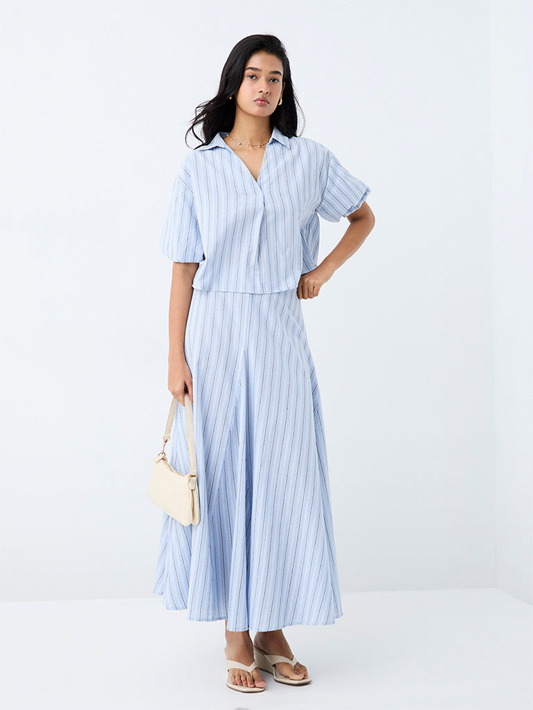 LOV Blue Striped High-Rise Skirt