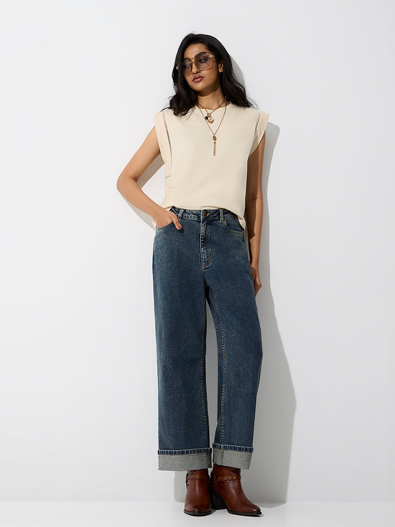 LOV Dark-Blue-Wash High-Waist Straight Fit Jeans