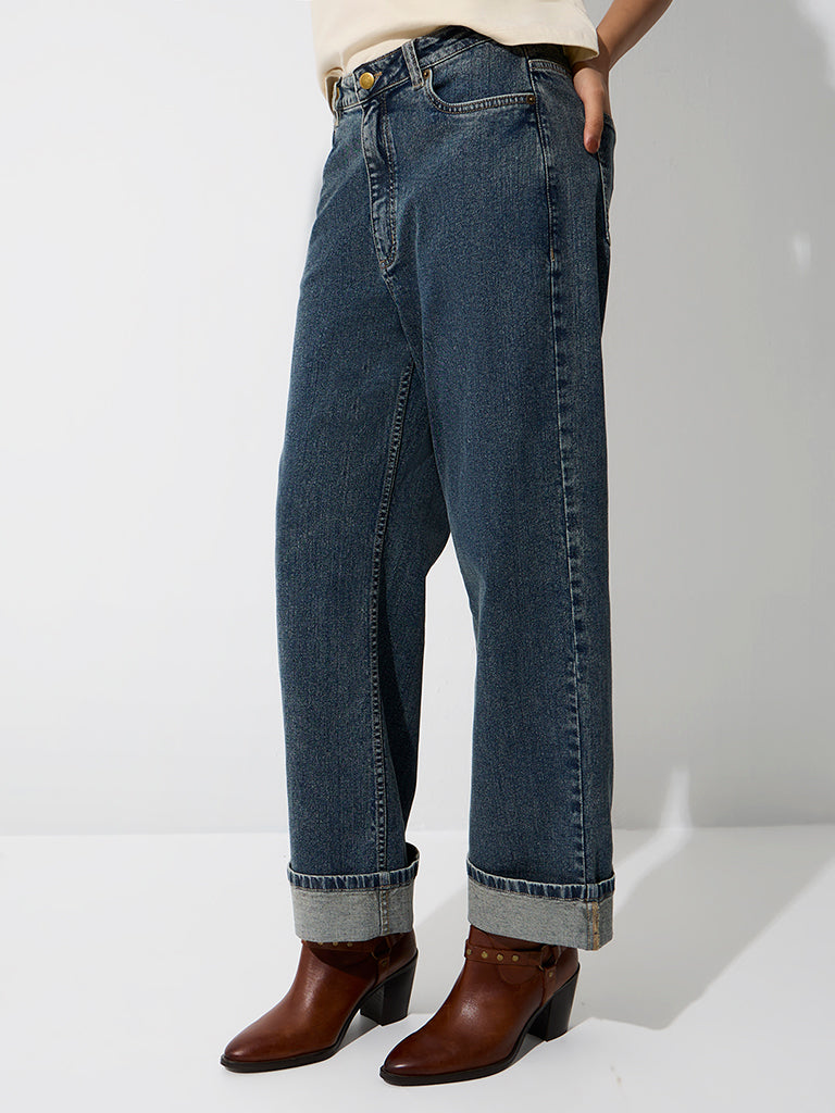 LOV Dark-Blue-Wash High-Waist Straight Fit Jeans