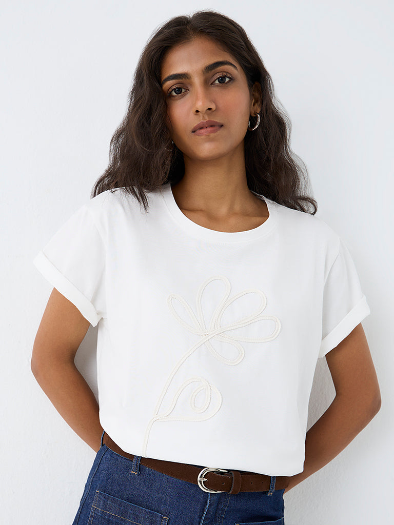 LOV White Floral Embroidered Cotton T-Shirt